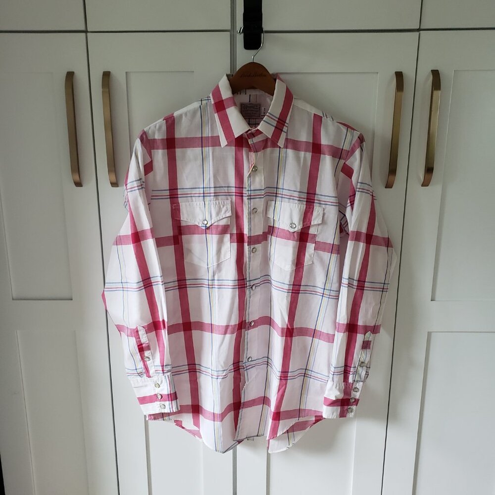 VTG H Bar C Ranchwear Western Shirt Mens L Long Tail Red Plaid Pearl Snap USA